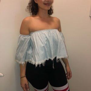Distressed Off The Shoulder Denim Crop Top